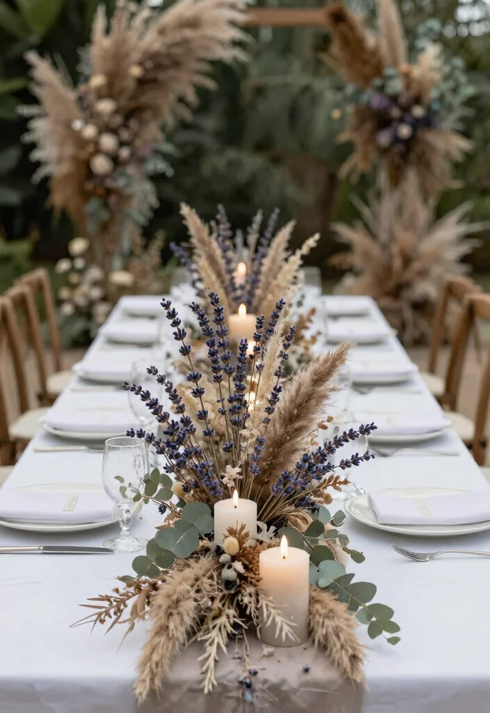16 Long Table Wedding Decor Ideas That Feel Romantic - 7. Dried Floral Arrangements 1