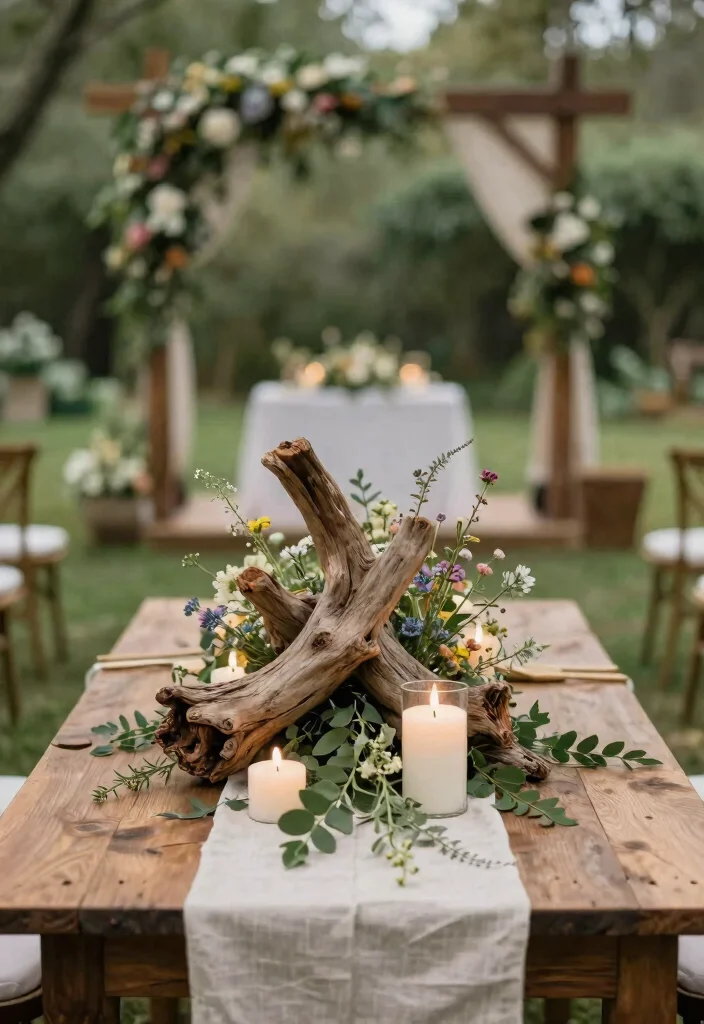 16 Outside Wedding Ceremony Decorations Ideas With Natural Beauty - 6. Driftwood Decor 1