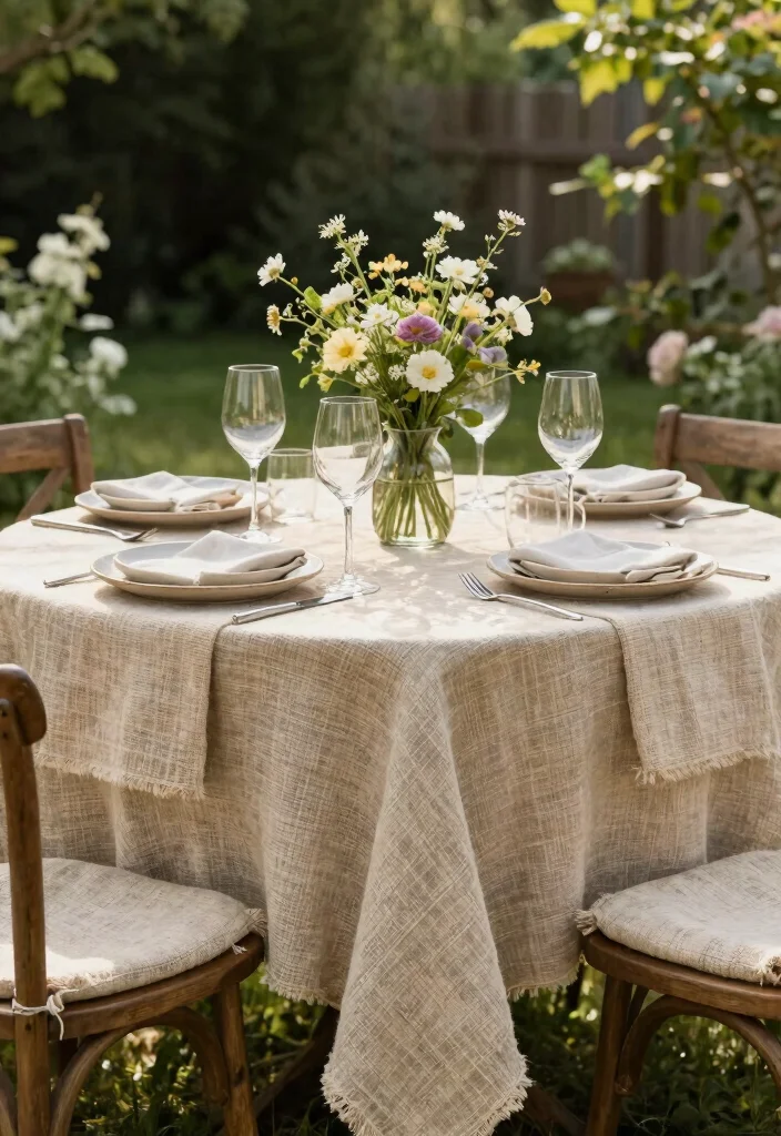 16 Outside Wedding Ceremony Decorations Ideas With Natural Beauty - 7. Tablecloths of Natural Fiber 1