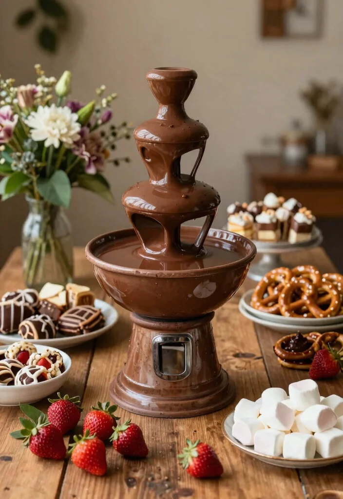 16 Rustic Wedding Dessert Table Ideas With Cozy Charm - 8. Rustic Chocolate Fountain 1