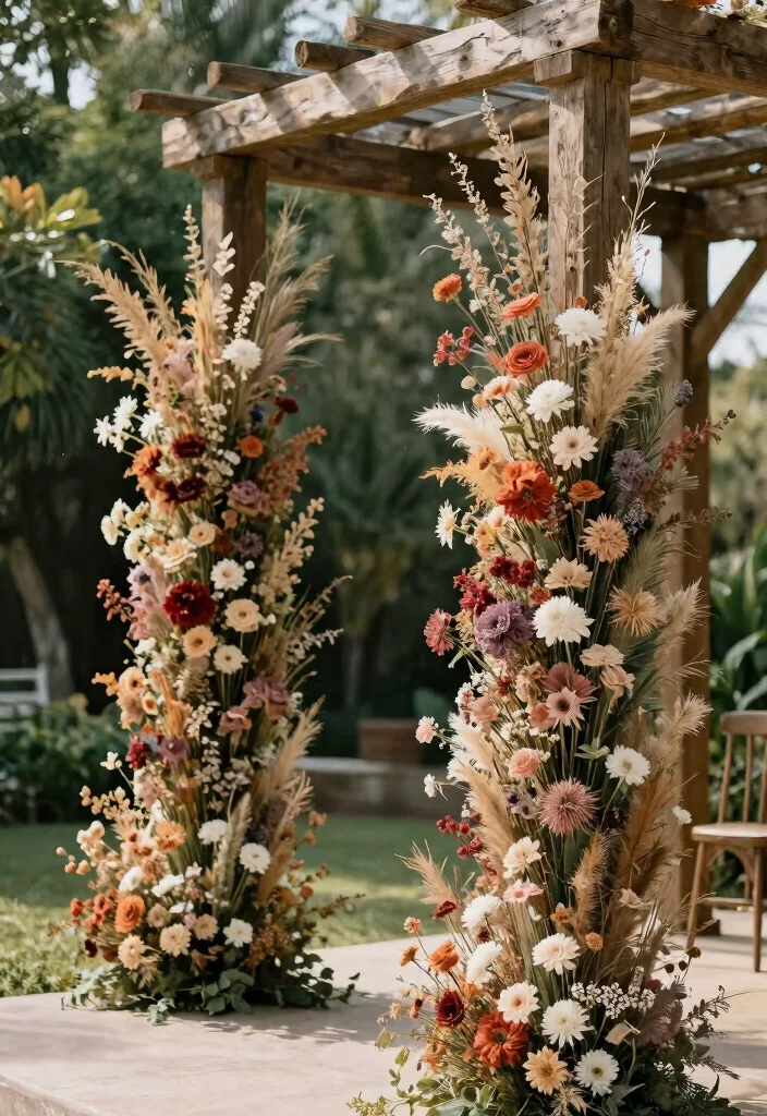 16 Wedding Arbor Decorations Ideas With Dreamy Florals - 10. Dried Flower Columns 1