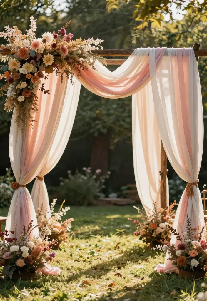16 Wedding Arbor Decorations Ideas With Dreamy Florals - 11. Natural Arch with Drapery 1