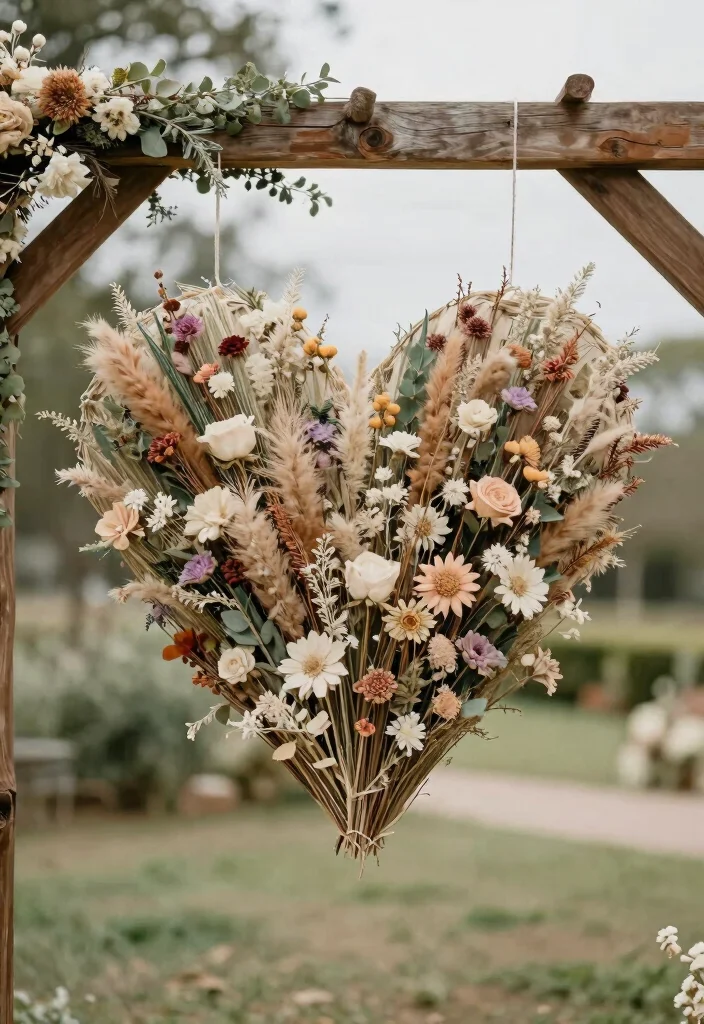 16 Wedding Arbor Decorations Ideas With Dreamy Florals - 13. Dried Flower Heart 1