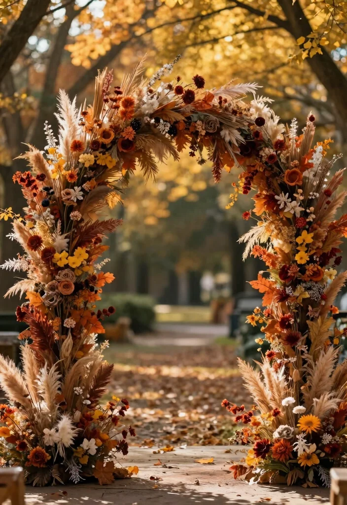 16 Wedding Arbor Decorations Ideas With Dreamy Florals - 15. Seasonal Dried Flowers 1