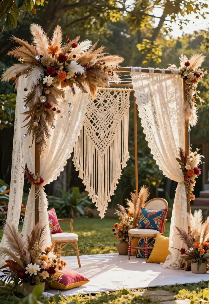 16 Wedding Arbor Decorations Ideas With Dreamy Florals - 3. Whimsical Bohemian Style 1
