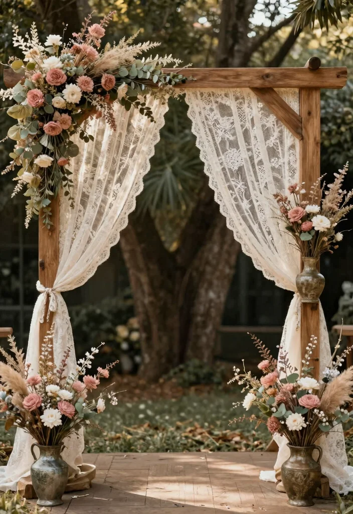 16 Wedding Arbor Decorations Ideas With Dreamy Florals - 5. Vintage Charm with Dried Bouquets 1