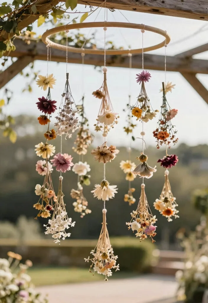 16 Wedding Arbor Decorations Ideas With Dreamy Florals - 6. Hanging Dried Flower Mobile 1