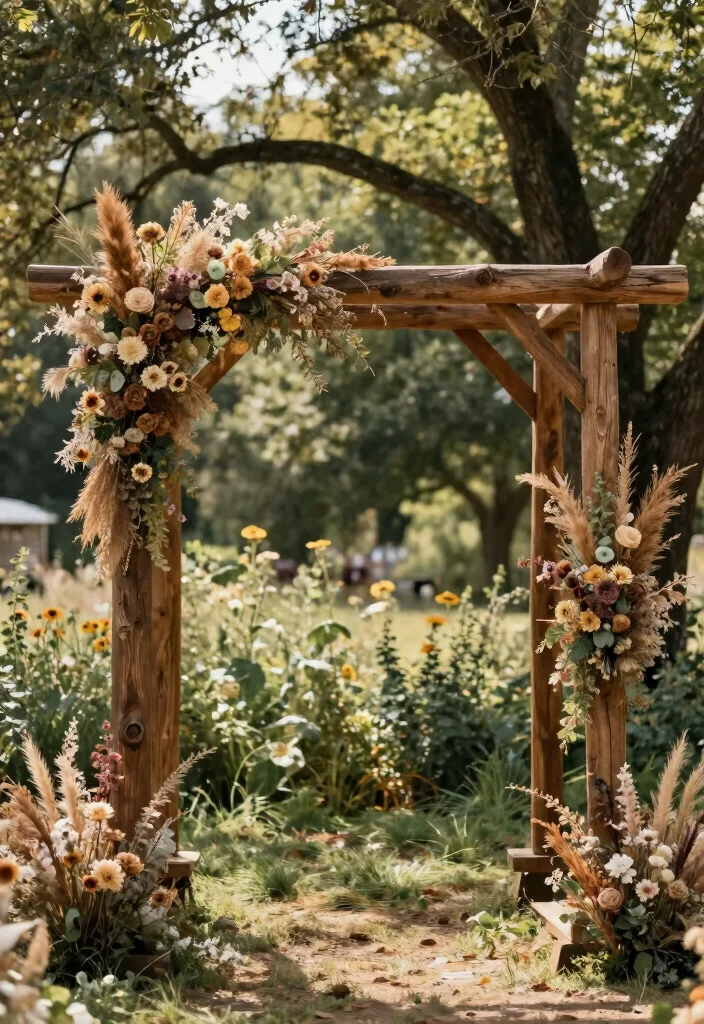 16 Wedding Arbor Decorations Ideas With Dreamy Florals - 7. Rustic Wood and Dried Flowers 1