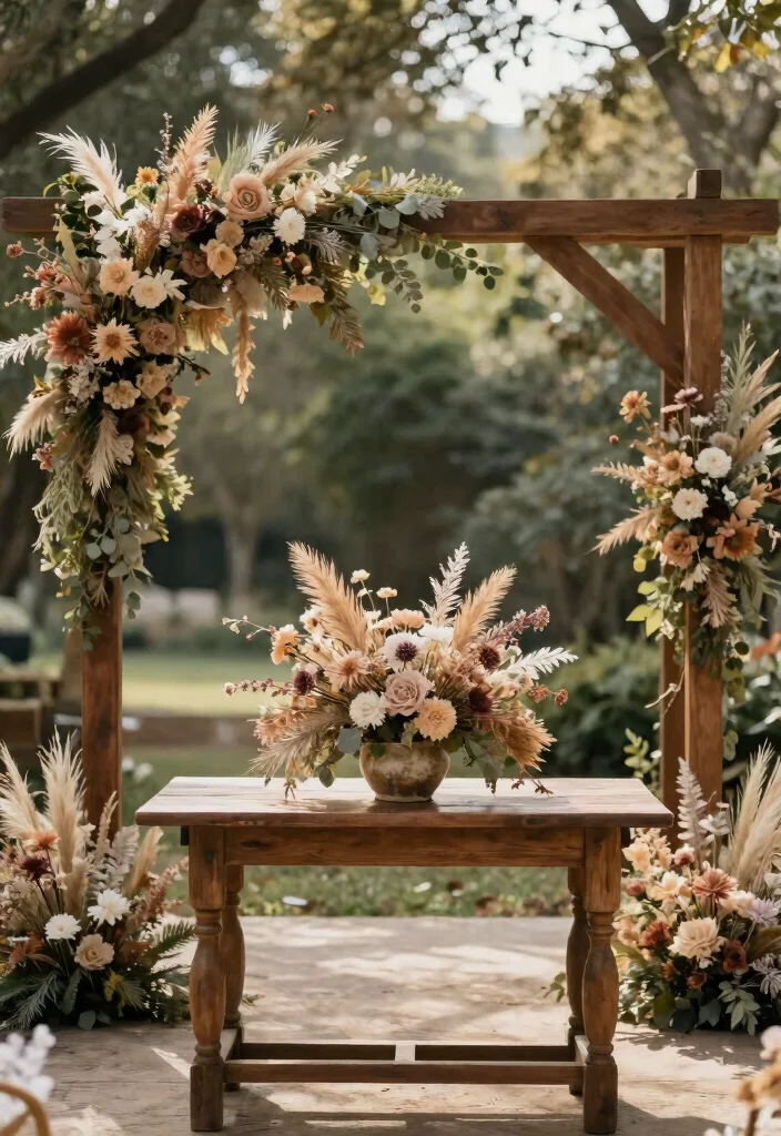 16 Wedding Arbor Decorations Ideas With Dreamy Florals - 9. Dried Flower Centerpiece 1