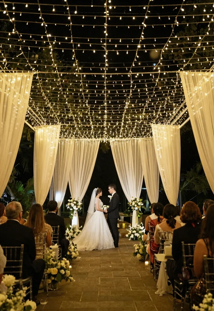16 Wedding Backdrop Design Indoor Ideas That Wow Guests - 10. Twinkling Fairy Light Canopy 1