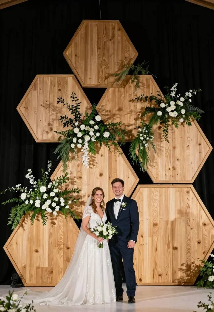 16 Wedding Backdrop Design Indoor Ideas That Wow Guests - 11. Geometric Shapes with Natural Materials 1