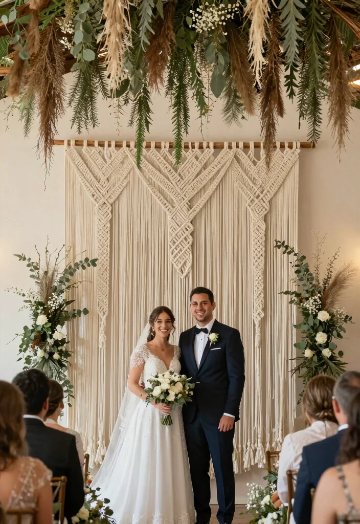 16 Wedding Backdrop Design Indoor Ideas That Wow Guests - 3. Macramé and Natural Textiles 1