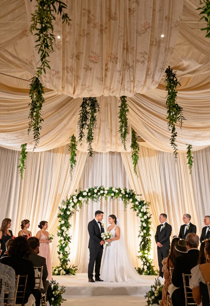 16 Wedding Backdrop Design Indoor Ideas That Wow Guests - 6. Fabric Drapes with Nature Motifs 1