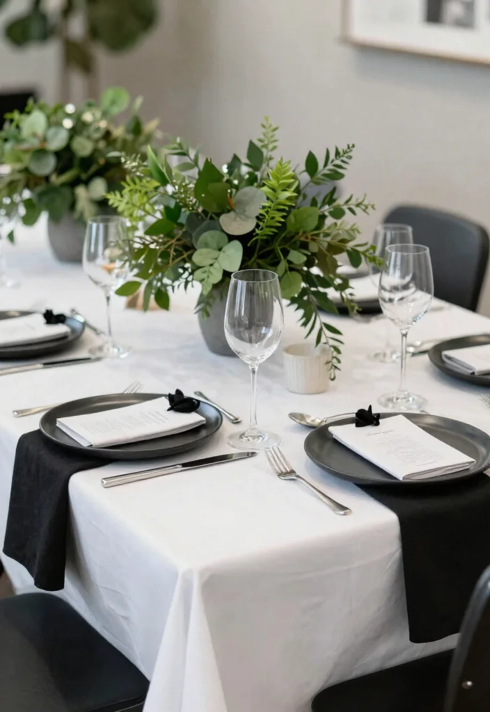 16 Wedding Backdrop Reception Head Table Ideas That Shine - 13. Elegant Monochrome with Touches of Green 1