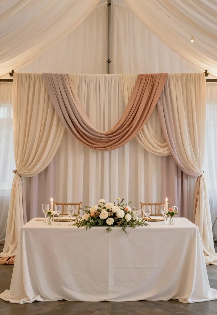 16 Wedding Backdrop Reception Head Table Ideas That Shine - 7. Creative Use of Draping Fabrics 1