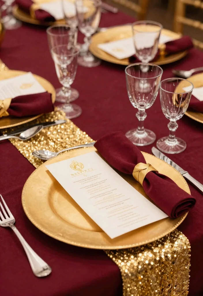 16 Wedding Decorations Burgundy Ideas With Rich Romance - 2. Burgundy and Gold Table Settings 1