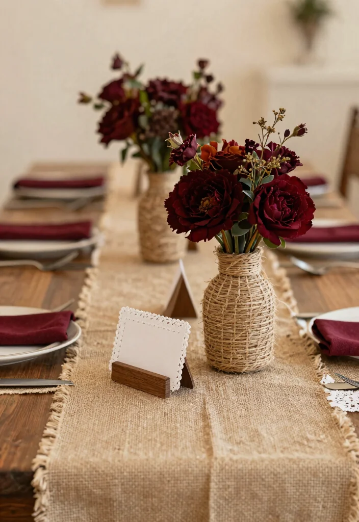 16 Wedding Decorations Burgundy Ideas With Rich Romance - 3. Vintage Burlap and Burgundy Accents 1