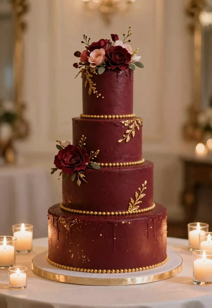 16 Wedding Decorations Burgundy Ideas With Rich Romance - 9. Burgundy-Themed Wedding Cake 1