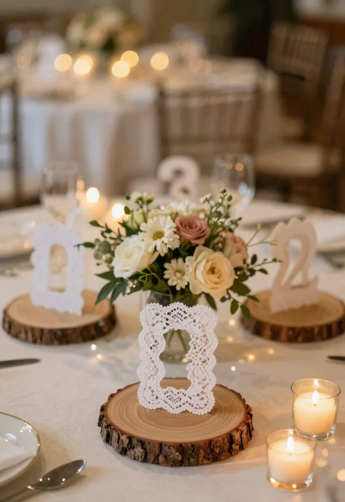 16 Wedding Table Numbers 2026 Trending Ideas That Feel Creative - 6. Lace and Wood Table Numbers 1