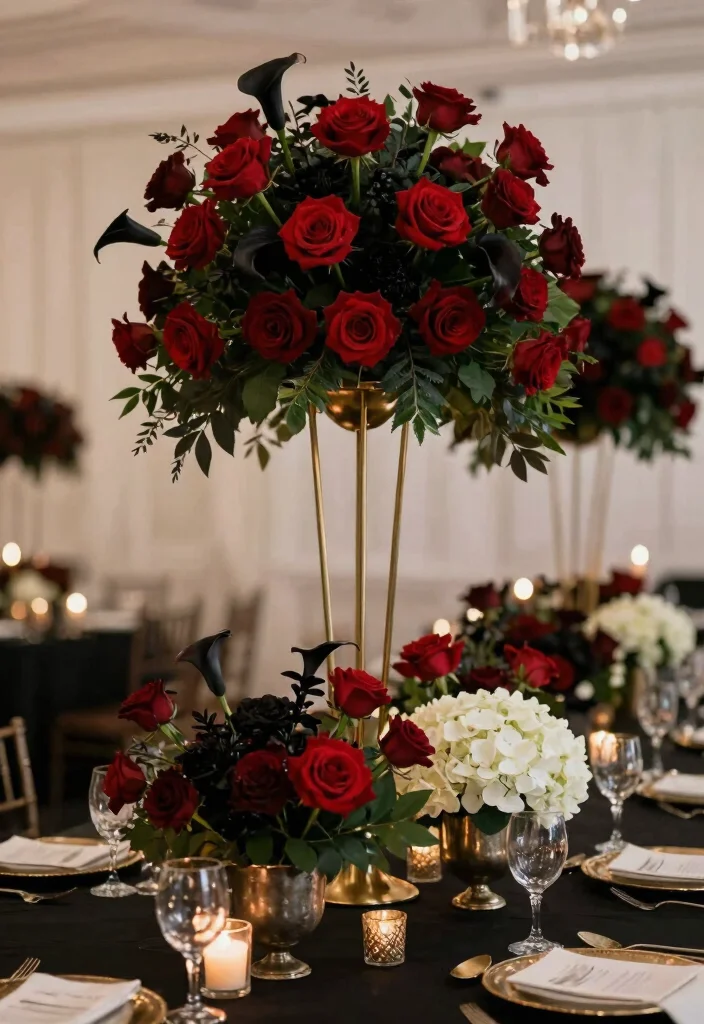 17 Black Wedding Table Setting Ideas With Bold Elegance - 1. Lush Black Floral Centerpieces 1