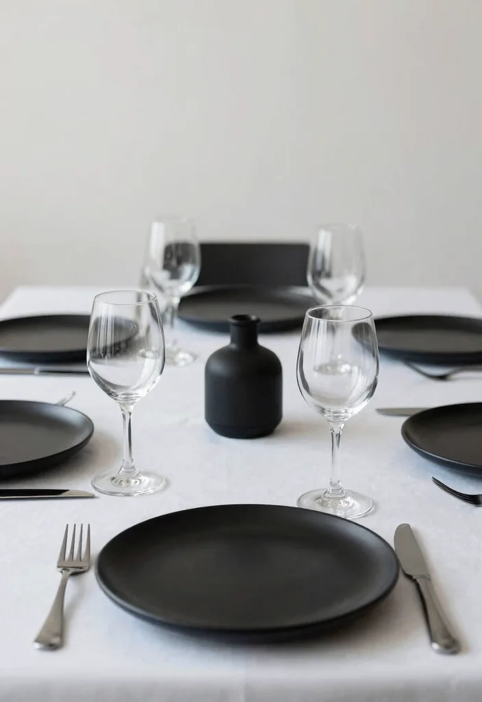 17 Black Wedding Table Setting Ideas With Bold Elegance - 10. Minimalist Black Settings 1