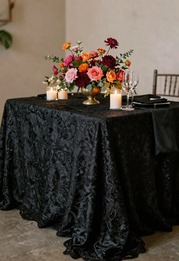 17 Black Wedding Table Setting Ideas With Bold Elegance - 11. Textured Black Tablecloths 1