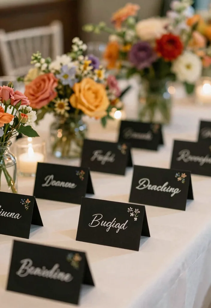 17 Black Wedding Table Setting Ideas With Bold Elegance - 12. Artistic Black Place Cards 1