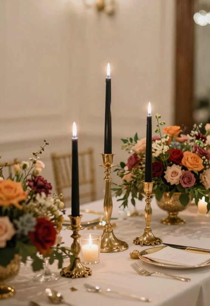 17 Black Wedding Table Setting Ideas With Bold Elegance - 13. Black Candle Displays 1