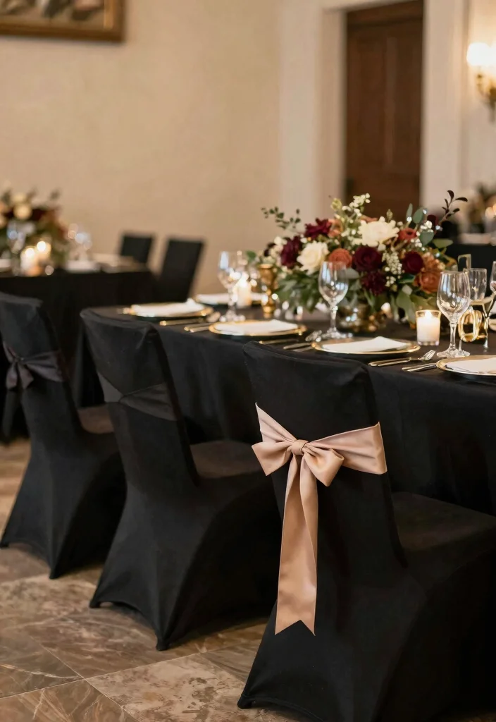 17 Black Wedding Table Setting Ideas With Bold Elegance - 15. Unique Black Chair Covers 1
