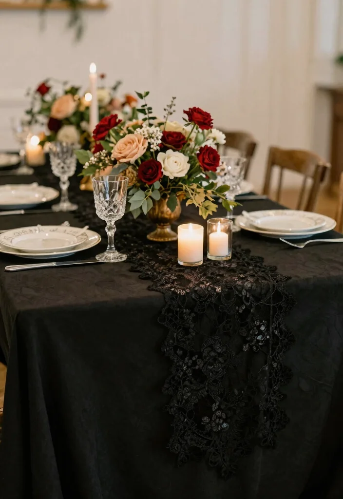 17 Black Wedding Table Setting Ideas With Bold Elegance - 3. Vintage Black Lace Table Runners 1