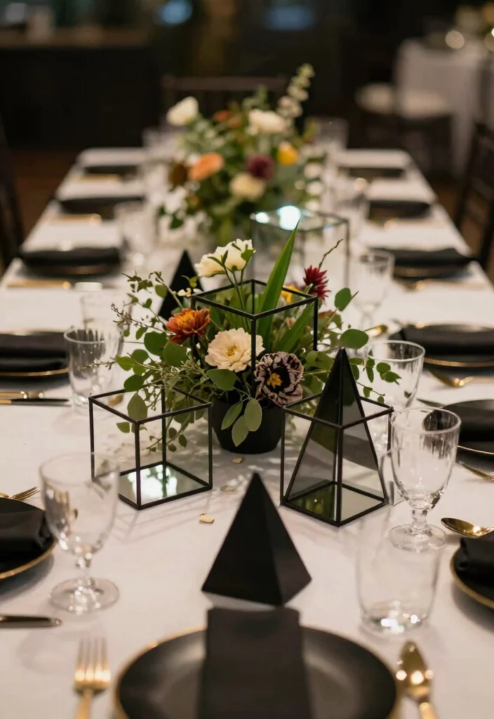 17 Black Wedding Table Setting Ideas With Bold Elegance - 4. Geometric Black Centerpieces 1