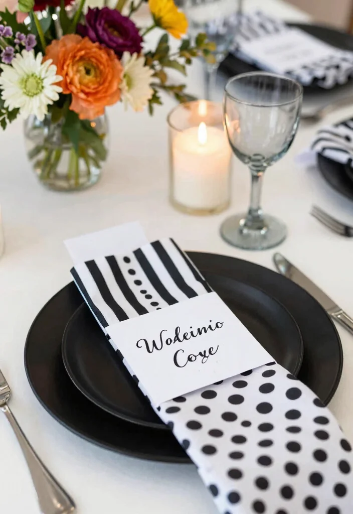 17 Black Wedding Table Setting Ideas With Bold Elegance - 5. Whimsical Black and White Place Settings 1