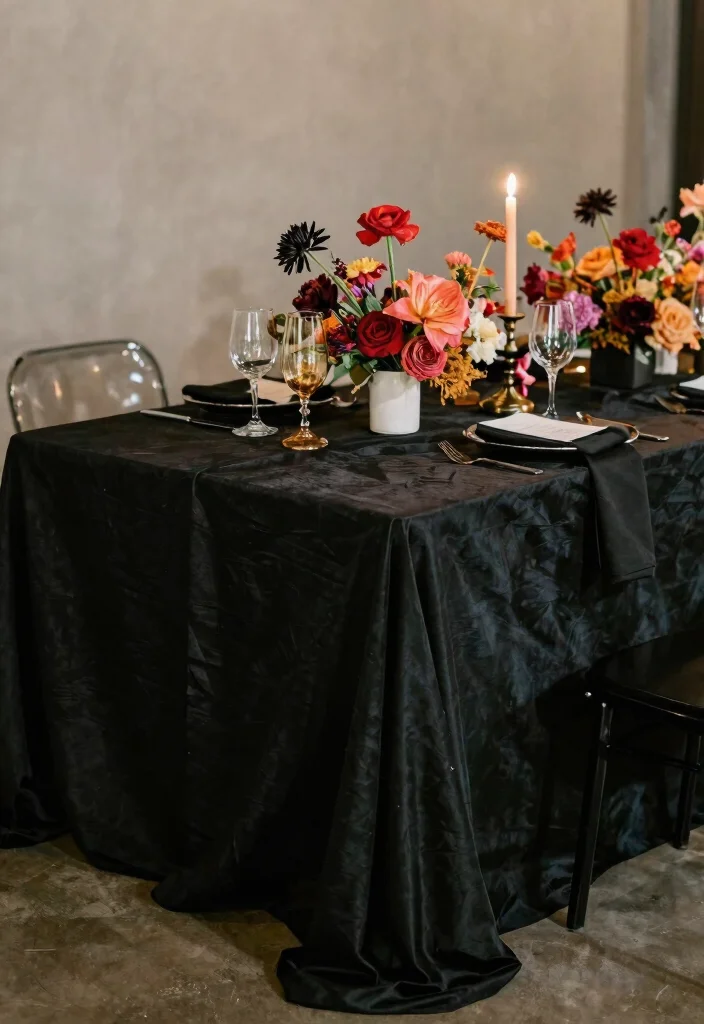 17 Black Wedding Table Setting Ideas With Bold Elegance - 7. Bold Black Table Linens 1