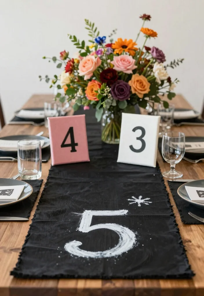 17 Black Wedding Table Setting Ideas With Bold Elegance - 8. Artistic Black Canvas Table Decor 1
