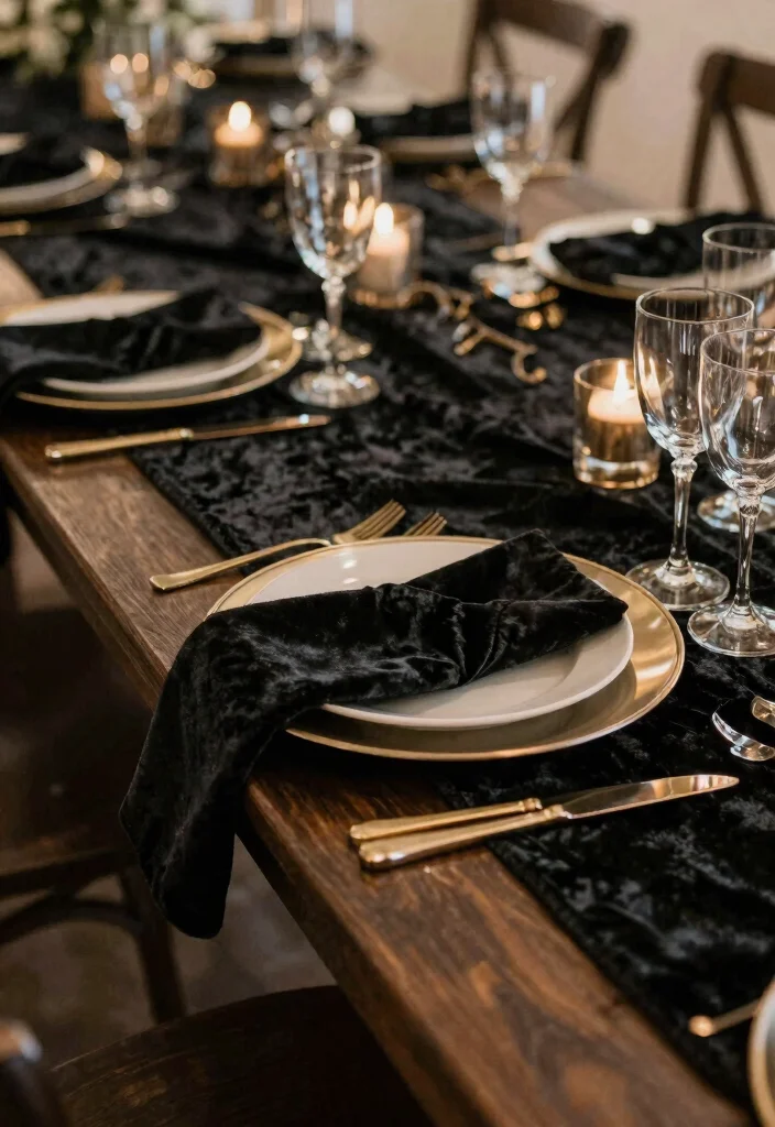 17 Black Wedding Table Setting Ideas With Bold Elegance - 9. Opulent Black Velvet Accents 1