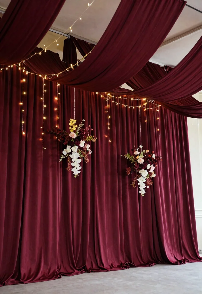 17 Burgundy Wedding Backdrop Ideas With Rich Romantic Vibes - 1. Elegant Drapery with Soft Twinkling Lights 1