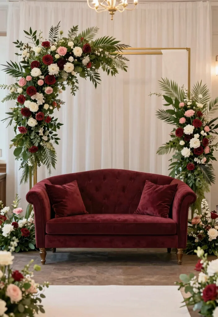 17 Burgundy Wedding Backdrop Ideas With Rich Romantic Vibes - 11. Burgundy Love Seat Backdrop 1