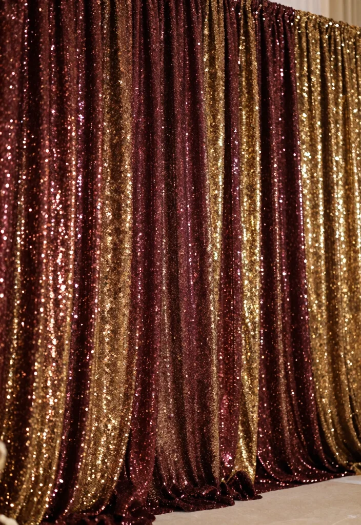 17 Burgundy Wedding Backdrop Ideas With Rich Romantic Vibes - 12. Burgundy and Gold Sequined Backdrop 1