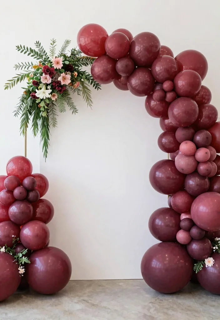 17 Burgundy Wedding Backdrop Ideas With Rich Romantic Vibes - 13. Whimsical Burgundy Balloon Arch 1