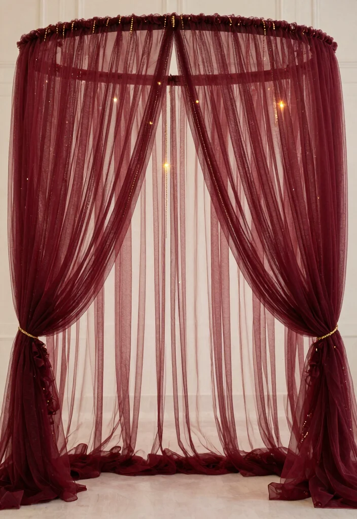 17 Burgundy Wedding Backdrop Ideas With Rich Romantic Vibes - 17. Burgundy and Gold Tulle Canopy 1
