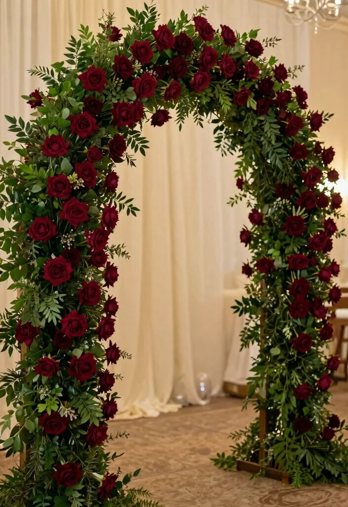 17 Burgundy Wedding Backdrop Ideas With Rich Romantic Vibes - 2. Floral Archway with Burgundy Blooms 1