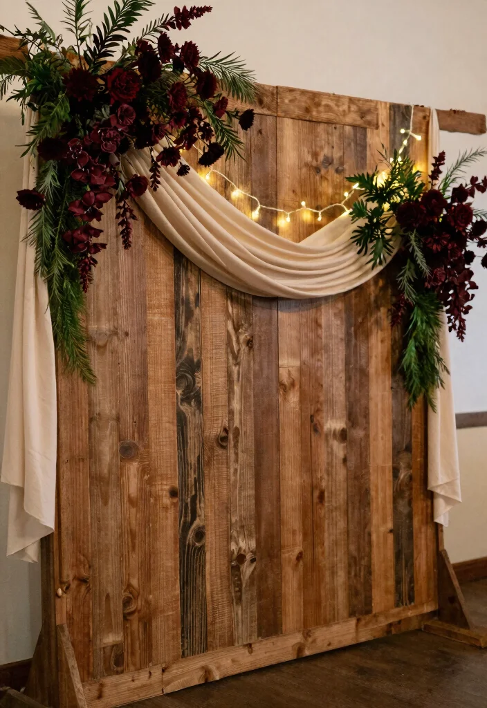 17 Burgundy Wedding Backdrop Ideas With Rich Romantic Vibes - 4. Rustic Wooden Backdrop with Burgundy Accents 1