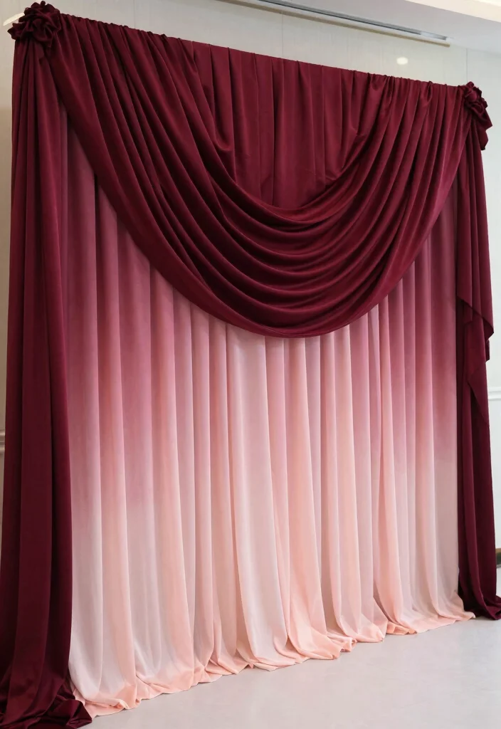 17 Burgundy Wedding Backdrop Ideas With Rich Romantic Vibes - 5. Ombre Burgundy Fabric Cascade 1