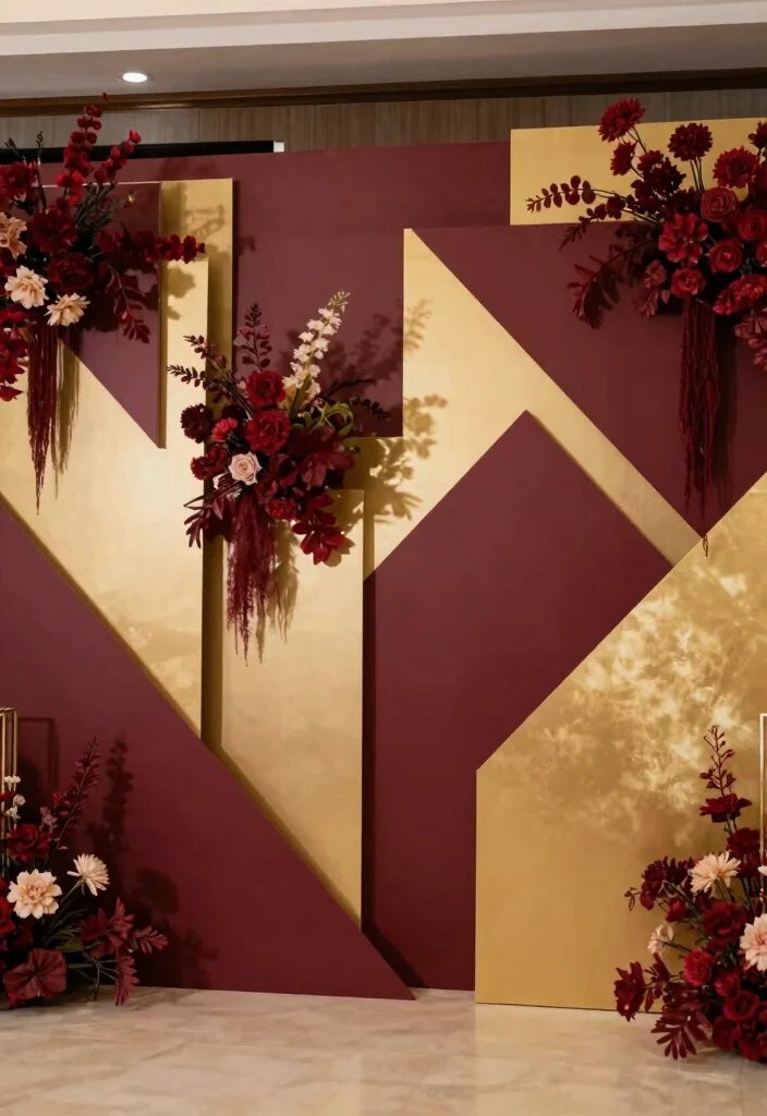 17 Burgundy Wedding Backdrop Ideas With Rich Romantic Vibes - 6. Burgundy and Gold Geometric Patterns 1