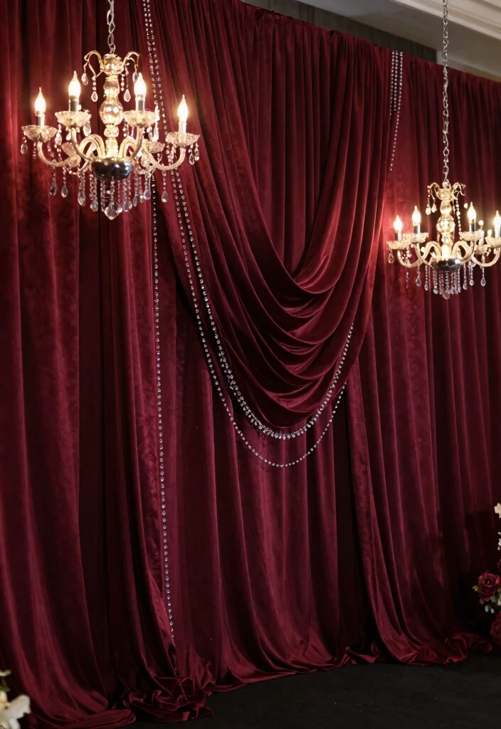 17 Burgundy Wedding Backdrop Ideas With Rich Romantic Vibes - 7. Romantic Burgundy Drapes with Crystal Accents 1
