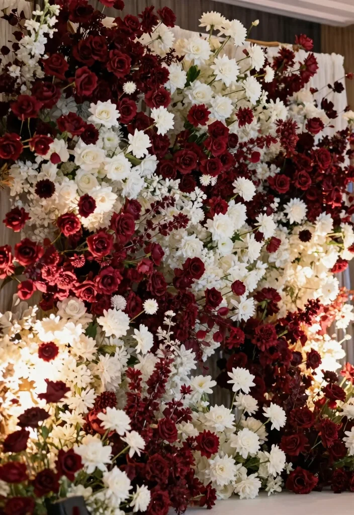 17 Burgundy Wedding Backdrop Ideas With Rich Romantic Vibes - 8. Burgundy and White Floral Wall 1