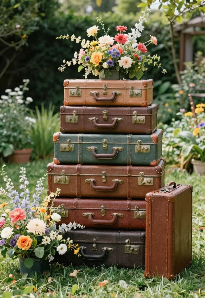 17 Garden Wedding Backdrop Ideas With Natural Romance - 16. Vintage Suitcases 1
