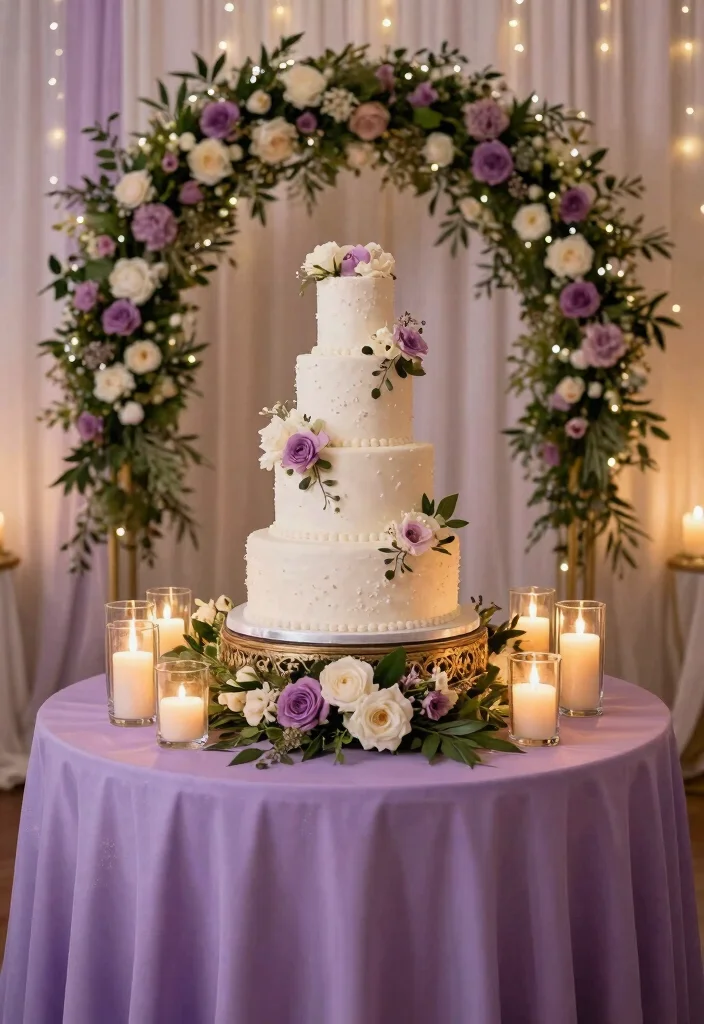 17 Purple and White Wedding Decorations Ideas With Soft Elegance - 14. Elegant Cake Table Displays 1