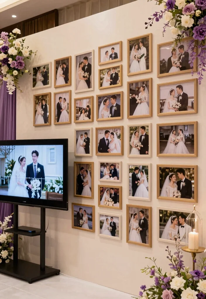 17 Purple and White Wedding Decorations Ideas With Soft Elegance - 15. Video and Photo Displays 1