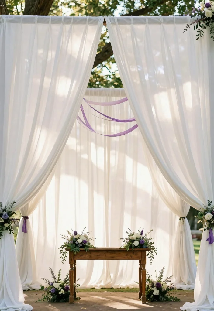 17 Purple and White Wedding Decorations Ideas With Soft Elegance - 2. Elegant Drapery 1